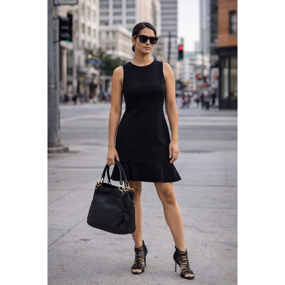 Stella McCartney Black Sleeveless Crew Neck Mini Dress Ruffle Hem Size M